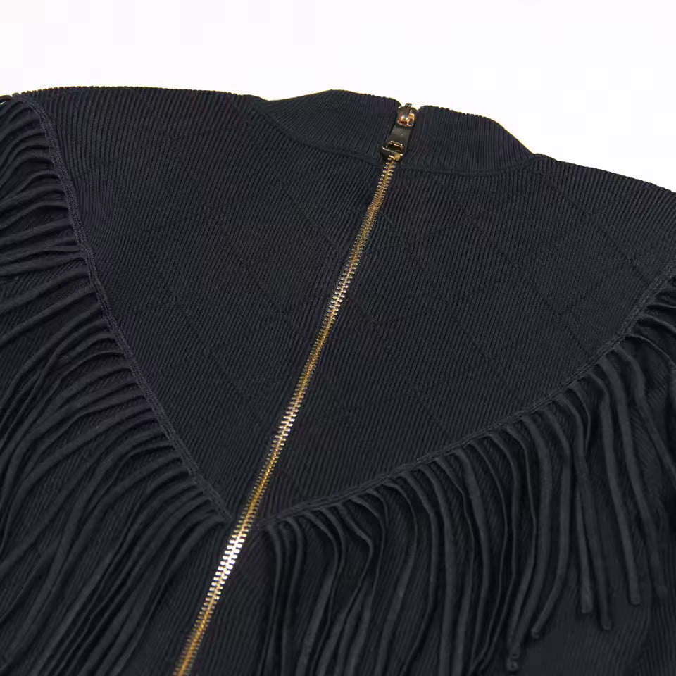 Knitted V-Neck Tassel Slim Long Sleeve Dress