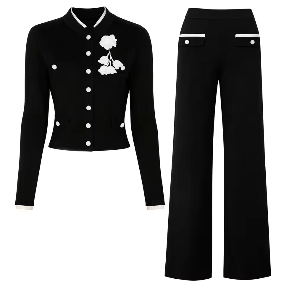 Flower Accent Knit Vest & Solid Pants Two-Piece Set