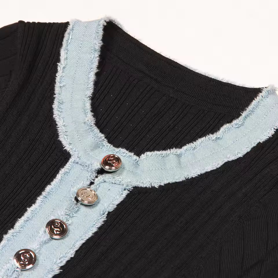 Pinned Denim Short Sleeve Knit Maxi Dress – Slim Fit Casual Chic