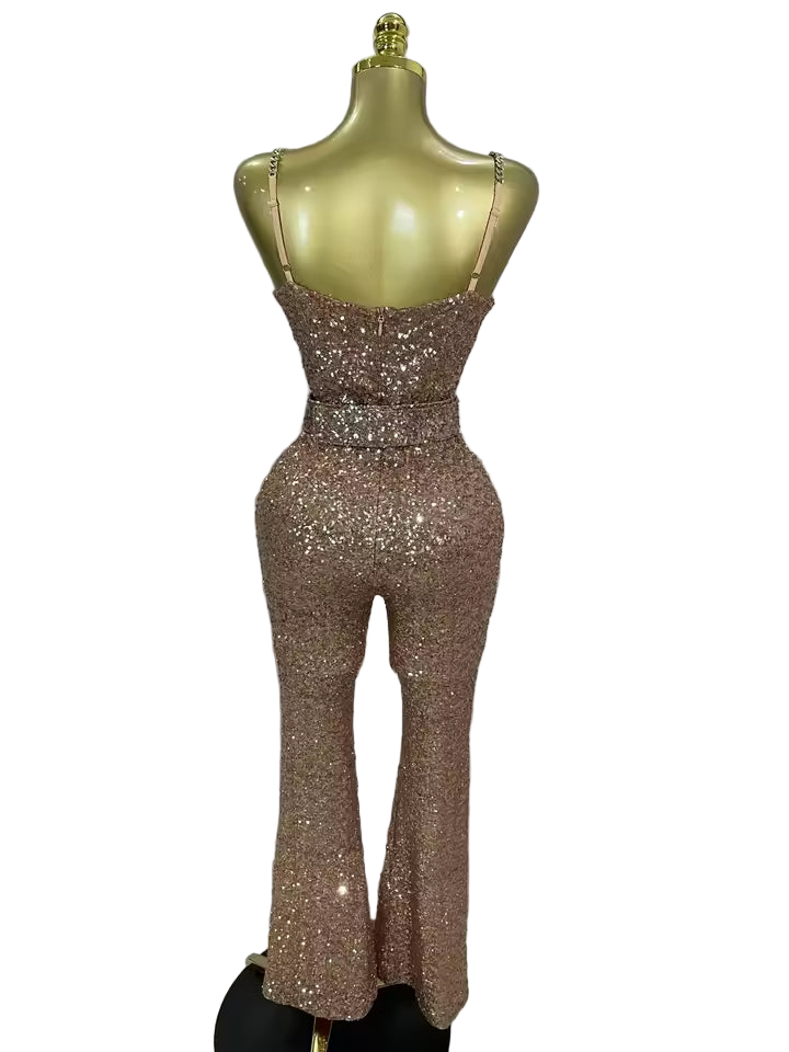 Shiny Sequin Halter Backless Bodycon Jumpsuit