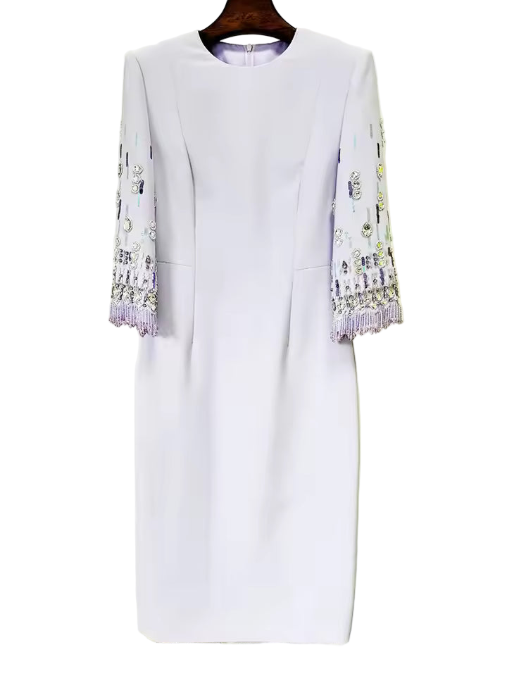 Sequined Rhinestone Beaded Tassel Knit Midi Dress