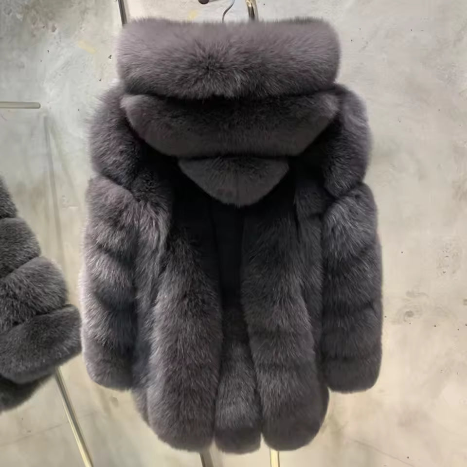 Hooded Natural Fox Fur Coat
