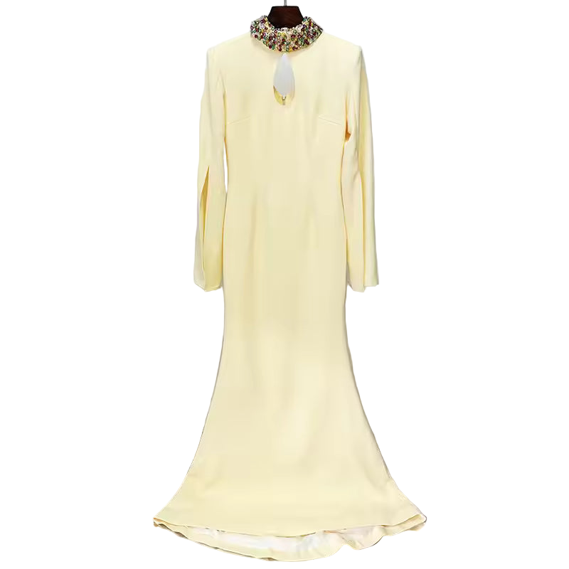 Patchwork Beaded Hollow Out Long Sleeve Split Midi Dress