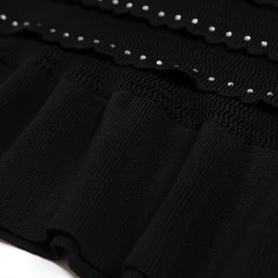 Knitted Lace Rhinestone Top Vest & Camisole with Ruffle Edge Slim Fit Half Skirt Set