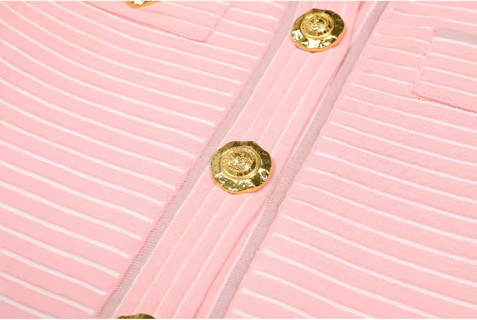 Striped Knit Single-Breasted Vest and Pleated Mini Skirt Set