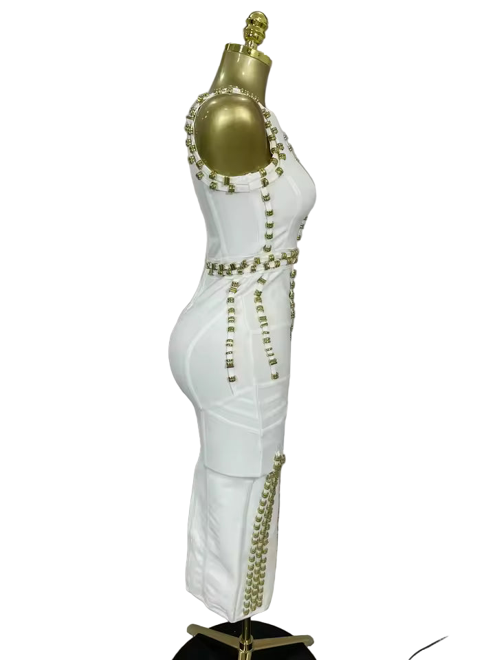 White Metal Buckle Sleeveless Bodycon Bandage Dress