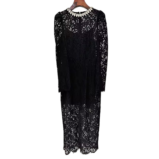 Rhinestone Lace Midi Dress with Three-Quarter Sleeves