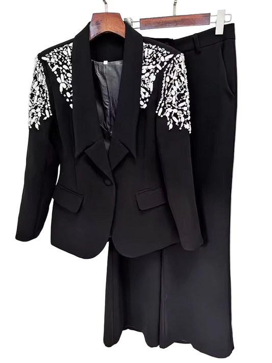 Sequined Rhinestone Beaded Blazer and Flare Pants Set