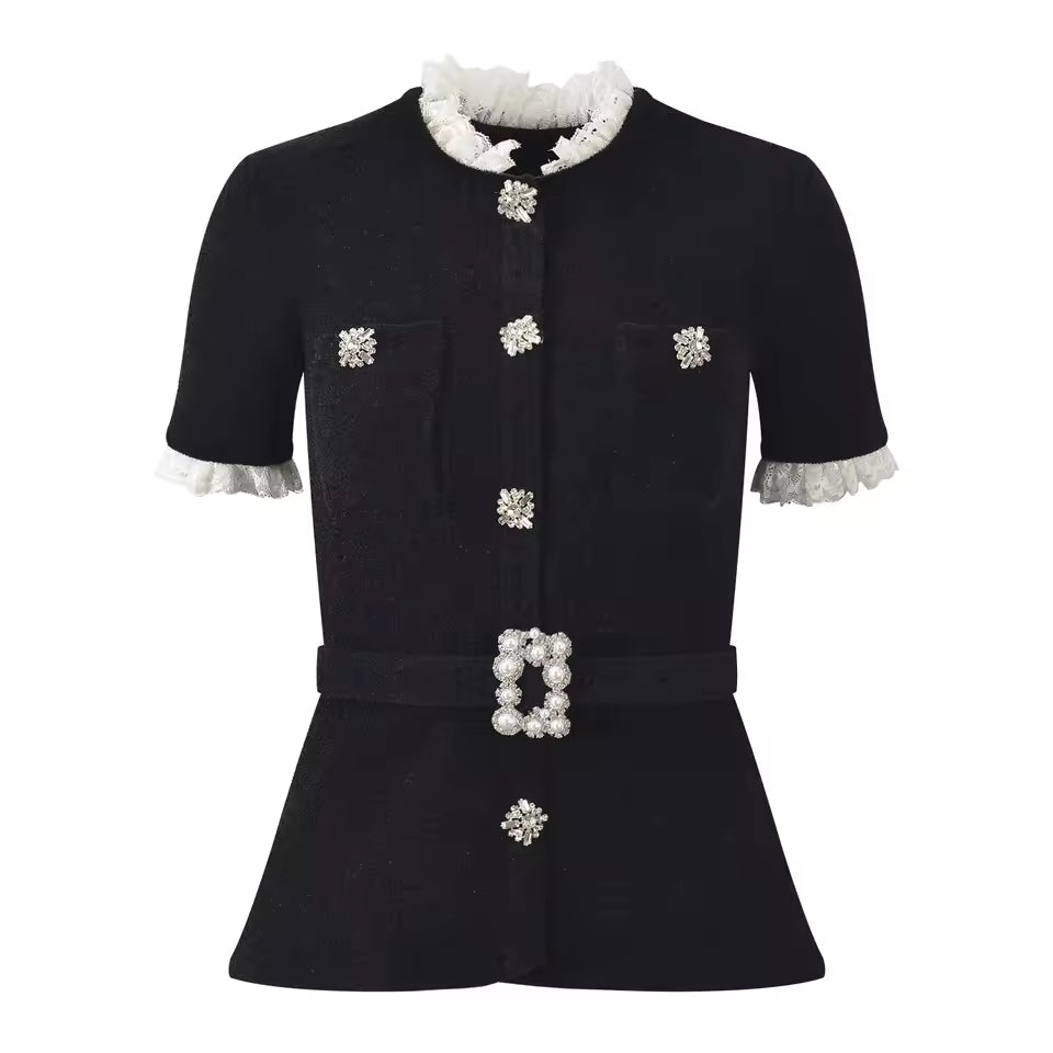 Vintage French Lace Patchwork O-Neck Short Sleeve Knit Cardigan with Belt