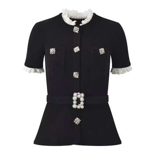 Vintage French Lace Patchwork O-Neck Short Sleeve Knit Cardigan with Belt