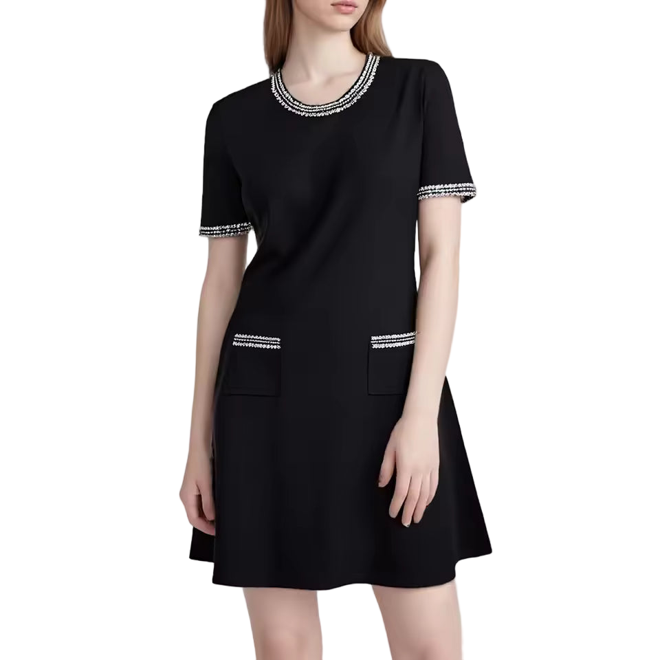Beaded Patchwork Mini Dress with Pockets – Round Neck & Short Sleeves