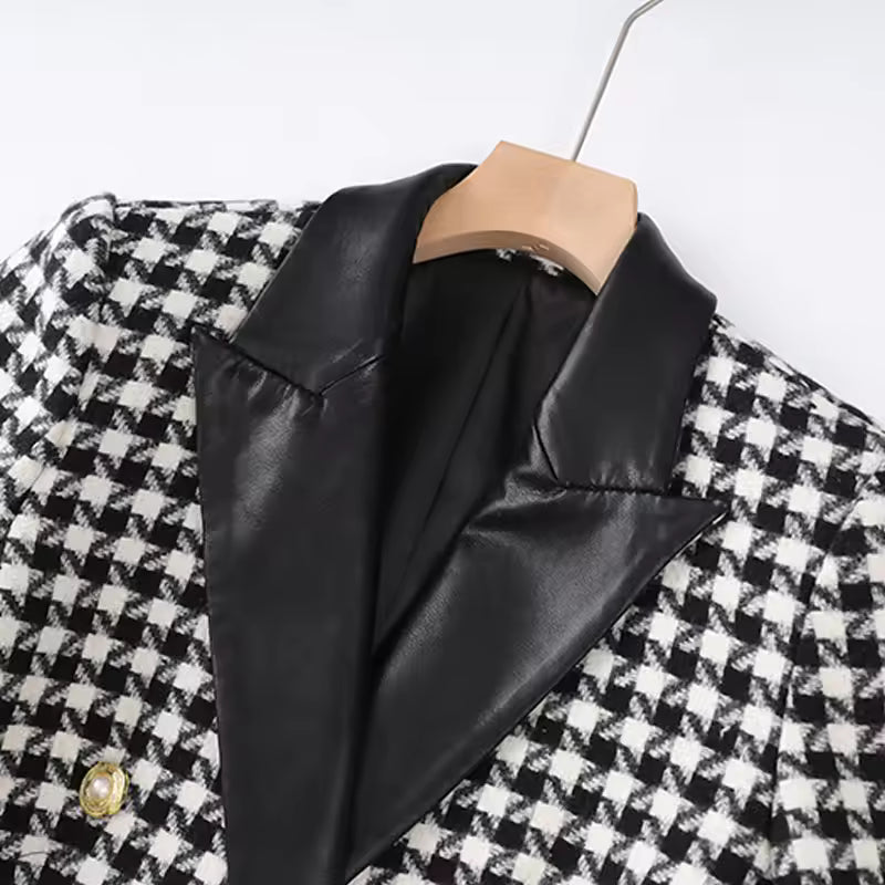 Vintage Houndstooth PU Patchwork Double-Breasted Slim Fit Blazer