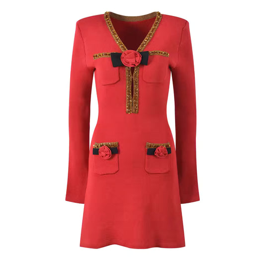 Rose Accent Knitted Mini Dress – V-Neck Long Sleeve