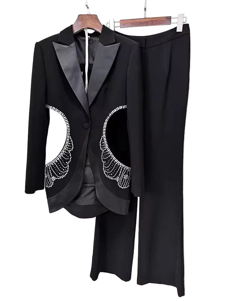 Beaded Diamond Hollow Out Single Button Jacket Pants Set