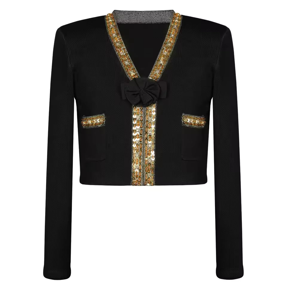 Elastic Knit 3D Floral Beaded Long Sleeve Cardigan & Slim Half Skirt Set