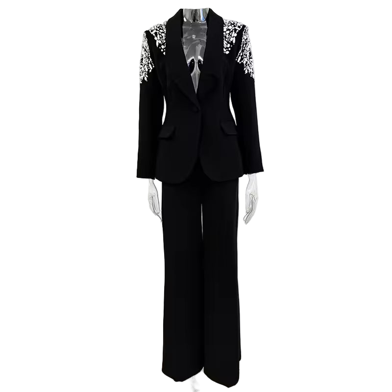 Sequined Rhinestone Beaded Blazer and Flare Pants Set