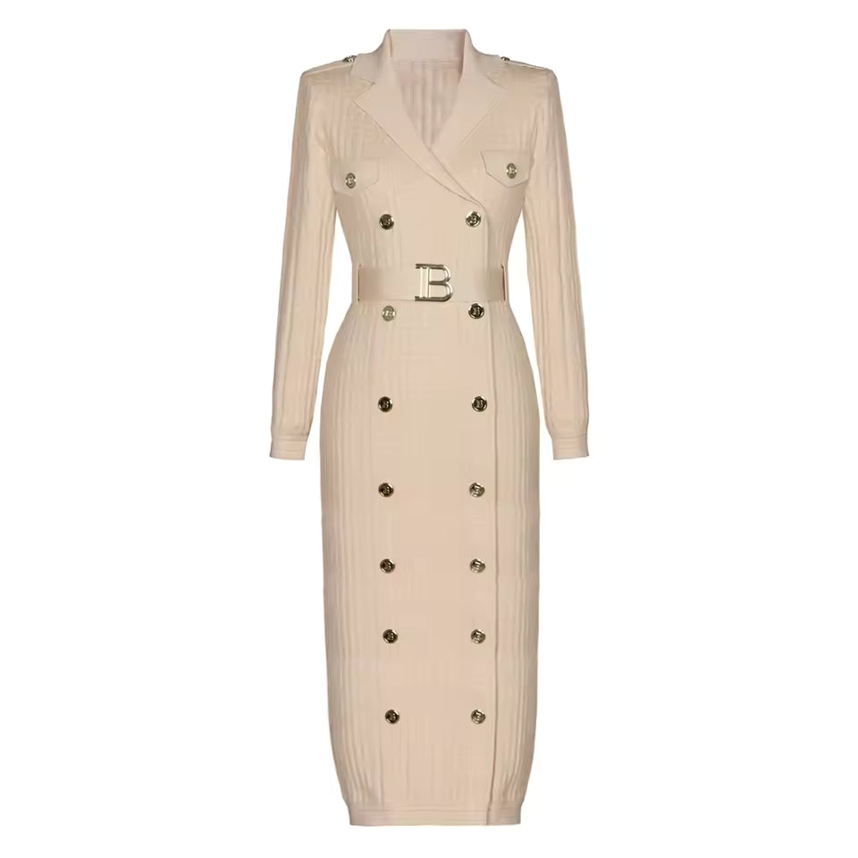 Solid Color Textured Lapel Double-Breasted Long Sleeve Knitted Dress
