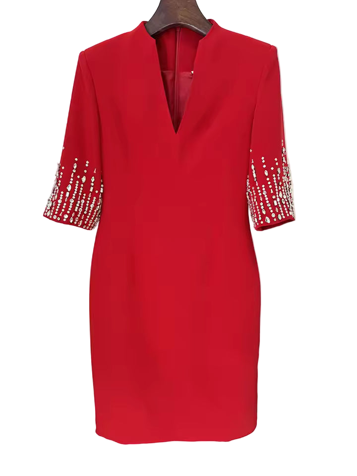 Rhinestone Beaded V-Neck Half Sleeve Knit Midi Dress