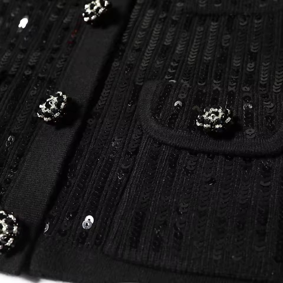 Luxury Sequin Knit Diamond Button Cardigan & Slim Fit Pencil Skirt Set
