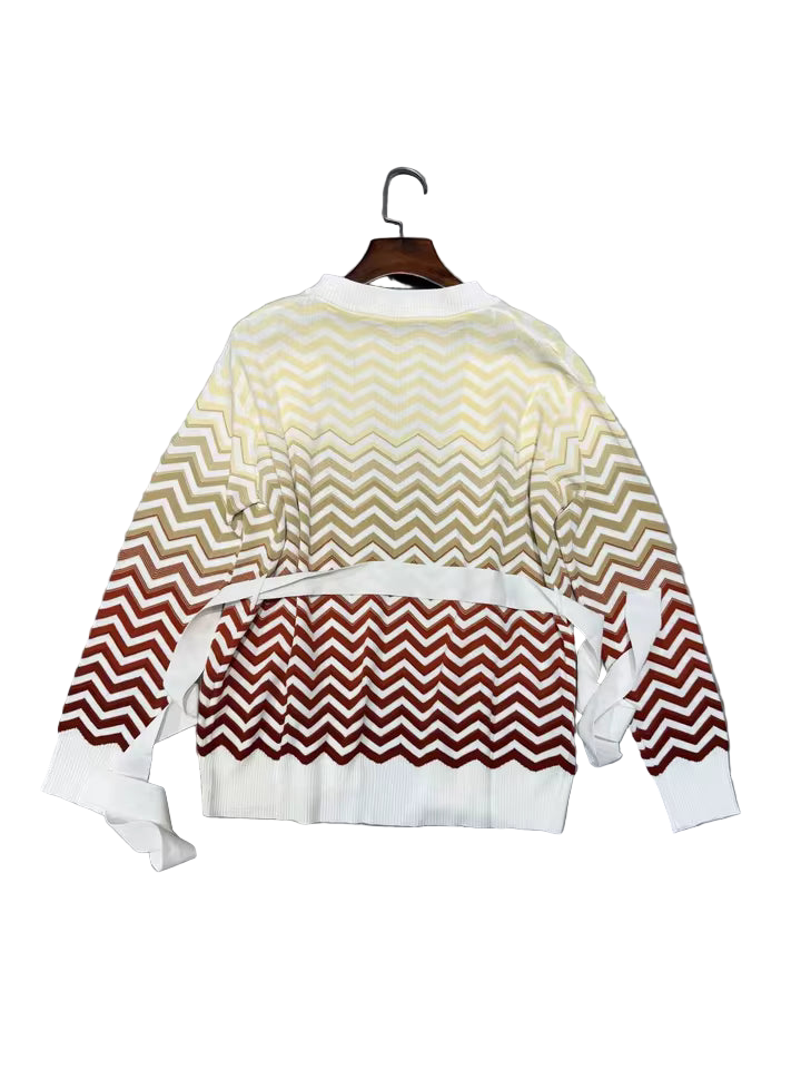 Lace-Up Waist Zigzag Striped V-Neck Long Sleeve Knit Cardigan