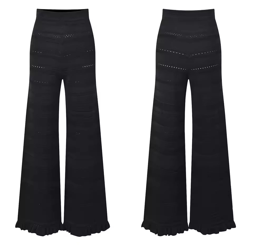 Ruffled Knit Square Neck Cardigan and Flare Pants Set