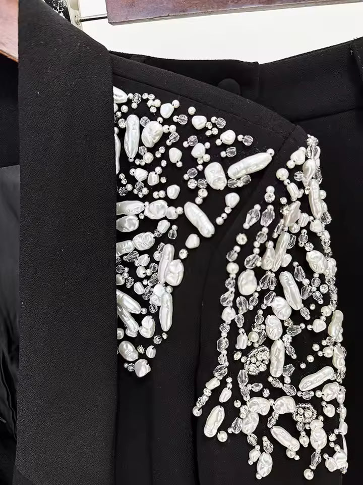 Sequined Rhinestone Beaded Blazer and Flare Pants Set