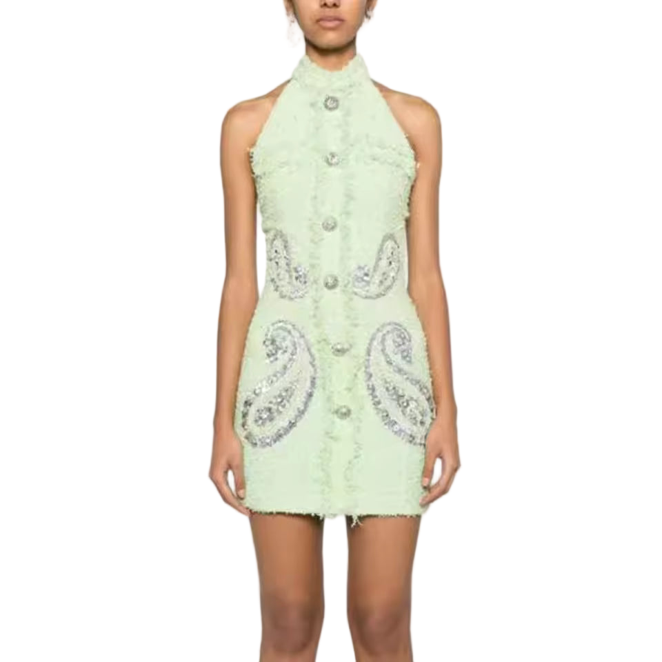 Rhinestone Beaded Halter Mini Dress