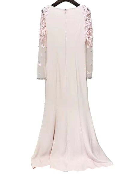 Split Mesh Diamond Beaded Long Sleeve Maxi Dress