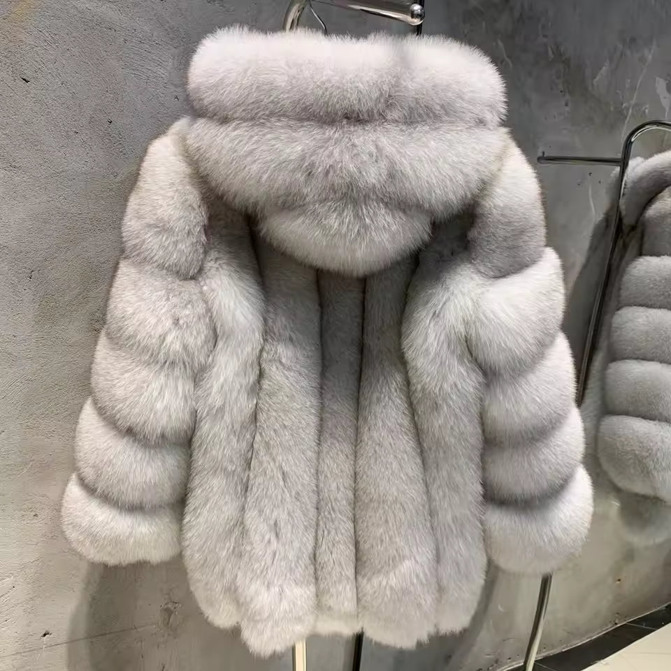Hooded Natural Fox Fur Coat