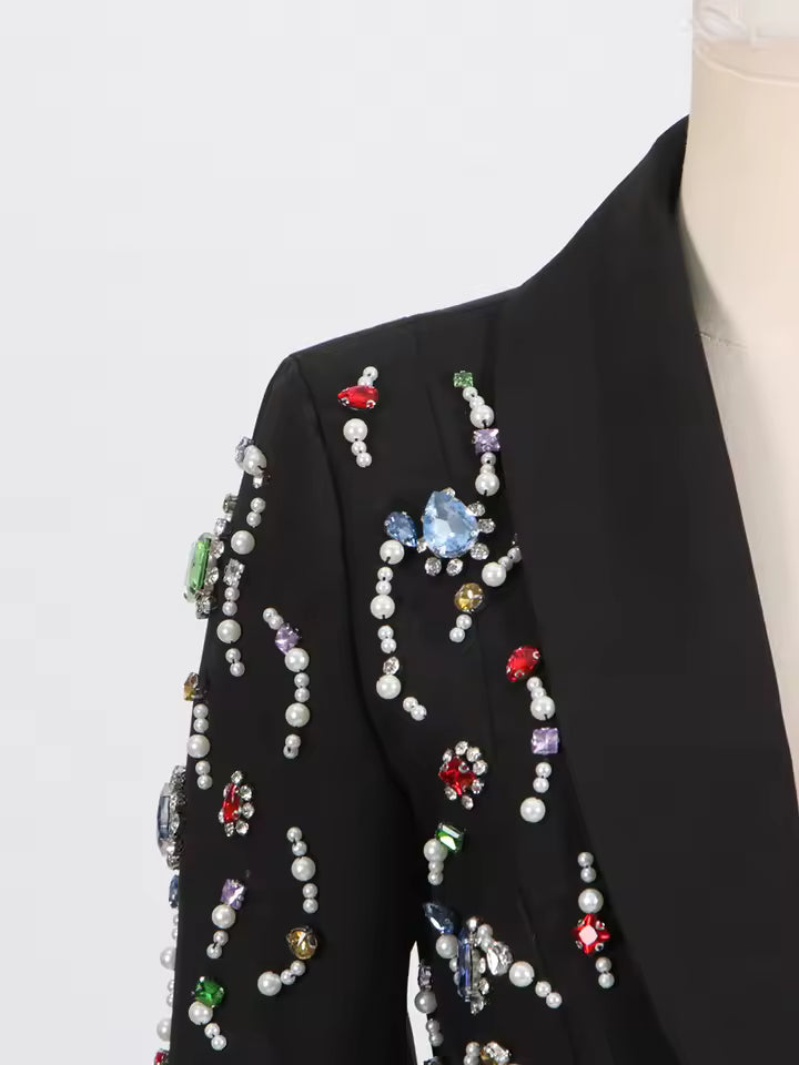 Slim Fit Split Beaded Patchwork Long Sleeve Blazer with Lapel and Buttons