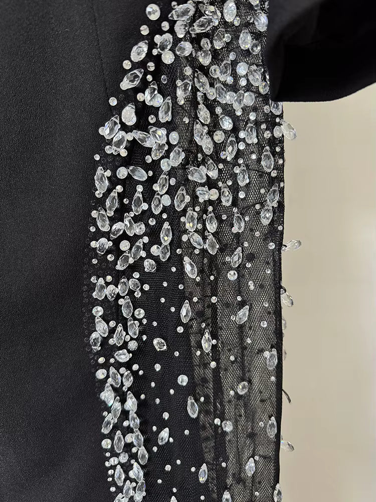 Diamond Beaded Off-Shoulder Patchwork Mesh Maxi Dress