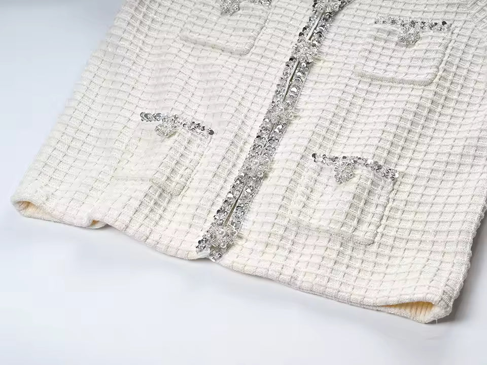 Rhinestone V-Neck Long Sleeve Single-Breasted Knit Cardigan