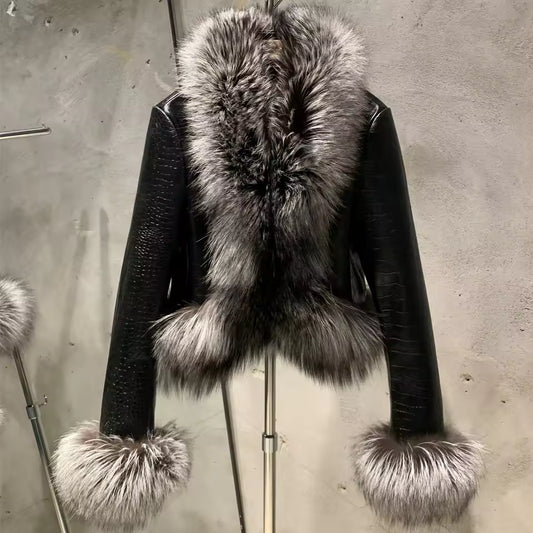 Cropped Shearling Leather Coat with Natural Fur Sleeves