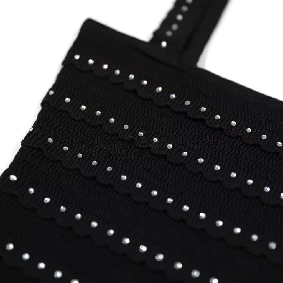 Knitted Lace Rhinestone Top Vest & Camisole with Ruffle Edge Slim Fit Half Skirt Set