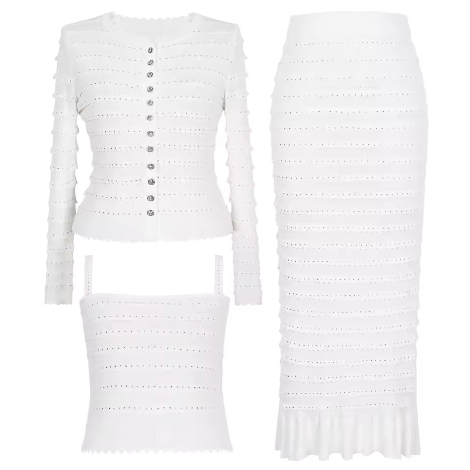 Knitted Lace Rhinestone Top Vest & Camisole with Ruffle Edge Slim Fit Half Skirt Set