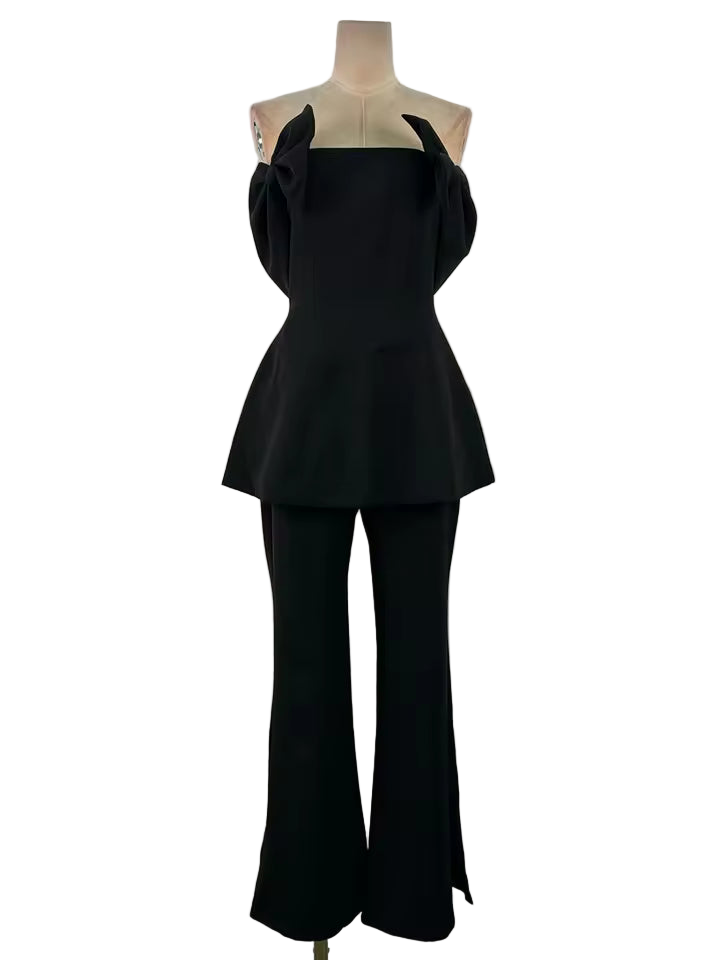 Solid Two-Piece Slash Neck Bow Top & High Waist Pants Set