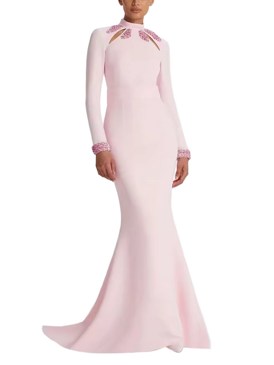 Stand Collar Beaded Sequin Hollow Out Maxi Dress