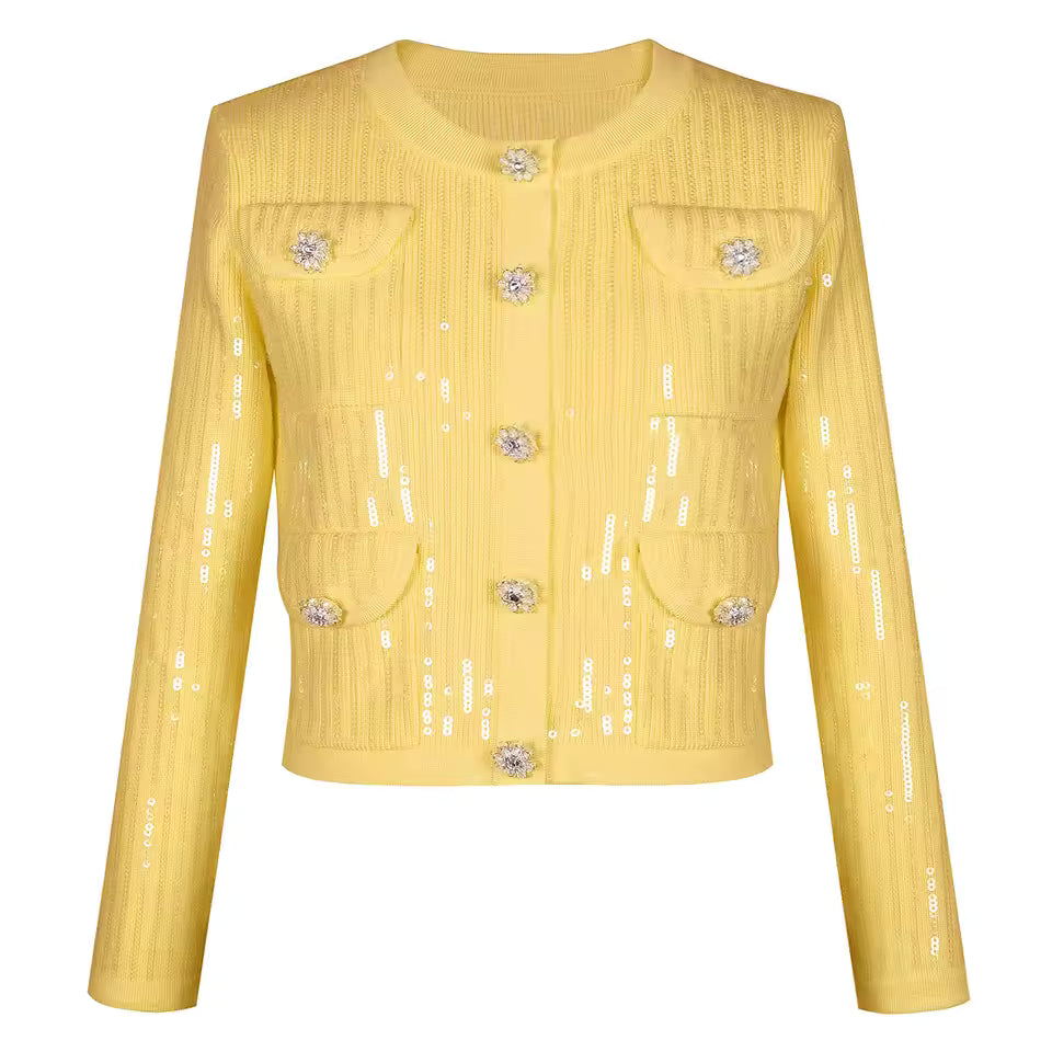 Luxury Sequin Knit Diamond Button Cardigan & Slim Fit Pencil Skirt Set