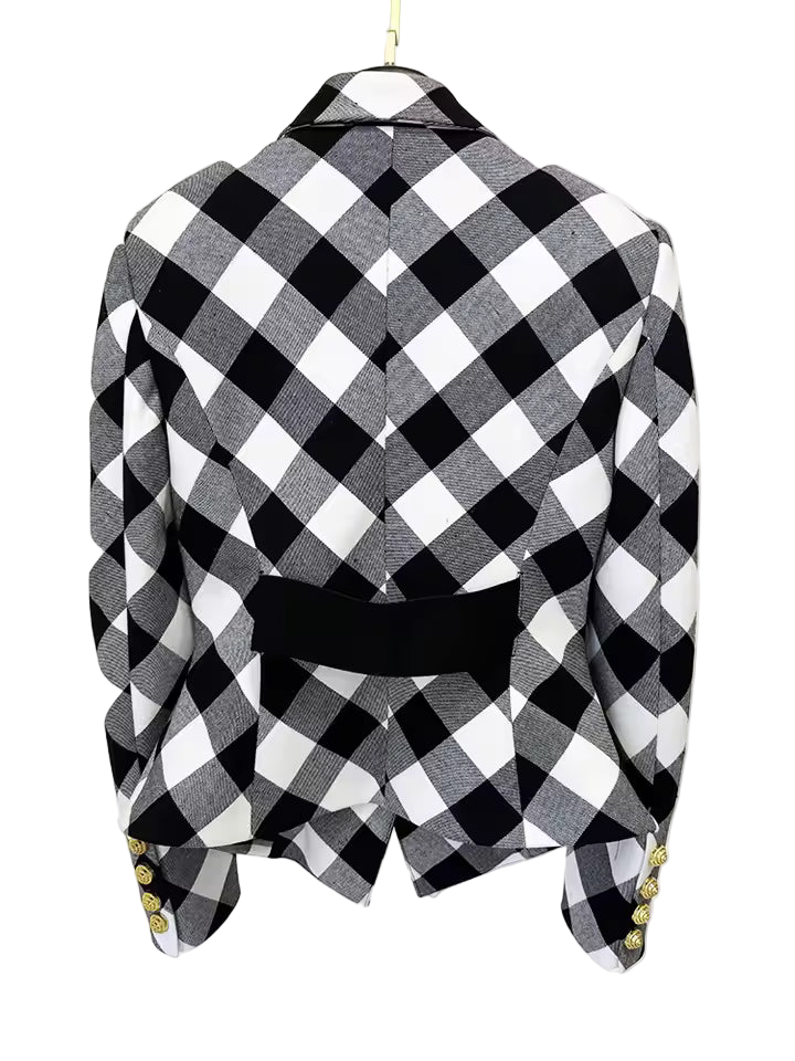 Black and White Checked Slim Blazer with Metal Buckle