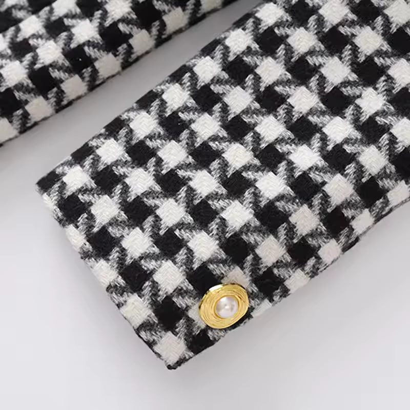 Vintage Houndstooth PU Patchwork Double-Breasted Slim Fit Blazer