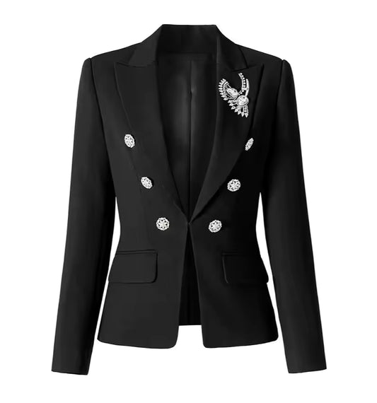 Rhinestone Beaded Notched Double-Breasted Solid Blazer
