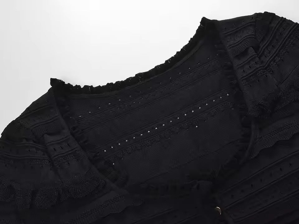 Ruffled Knit Square Neck Cardigan and Flare Pants Set