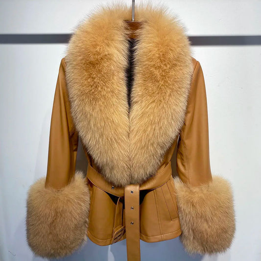 FOX FUR GENUINE LEATHER JACKET IN CAMEL