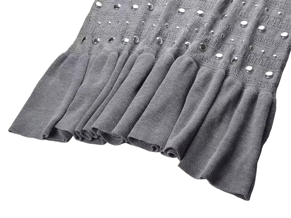 Solid Color O-Neck Sleeveless Rivet Detail Long Knit Dress