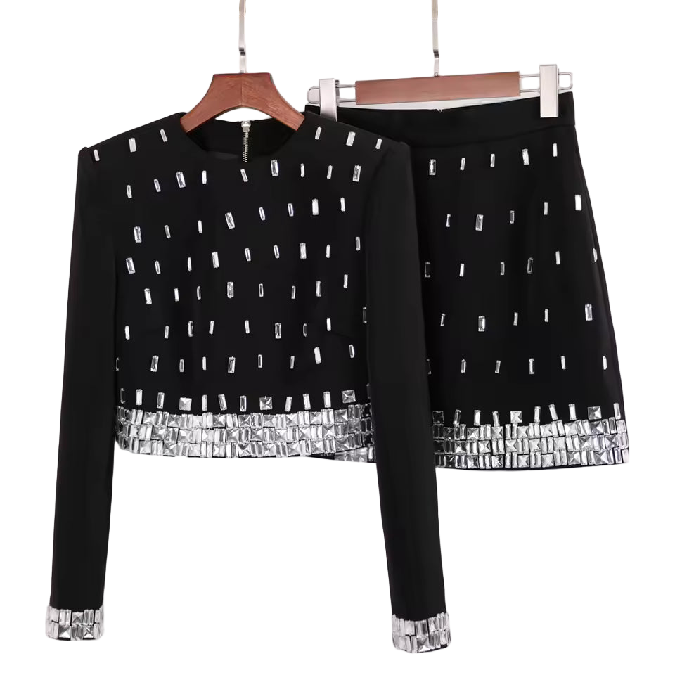 Luxurious Handmade Beaded Long Sleeve Top & Hip-Hugging Half Skirt Set