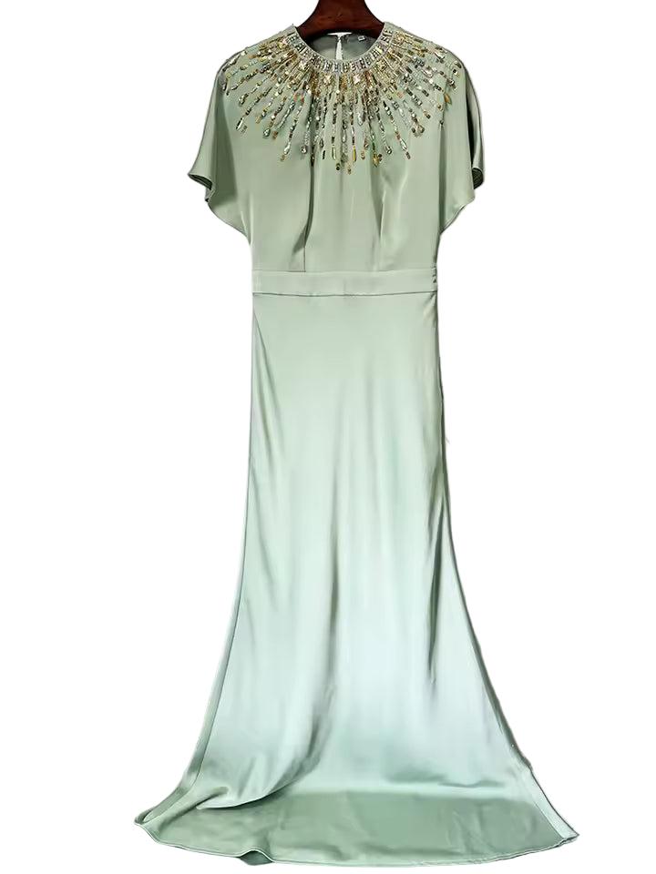 Backless Shiny Satin Diamond Beaded Maxi Dress