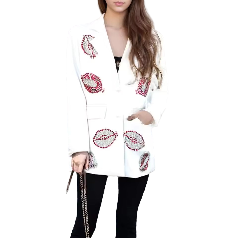 Loose Fit Beaded Patchwork Single-Breasted Blazer with Lapel and Long Sleeves