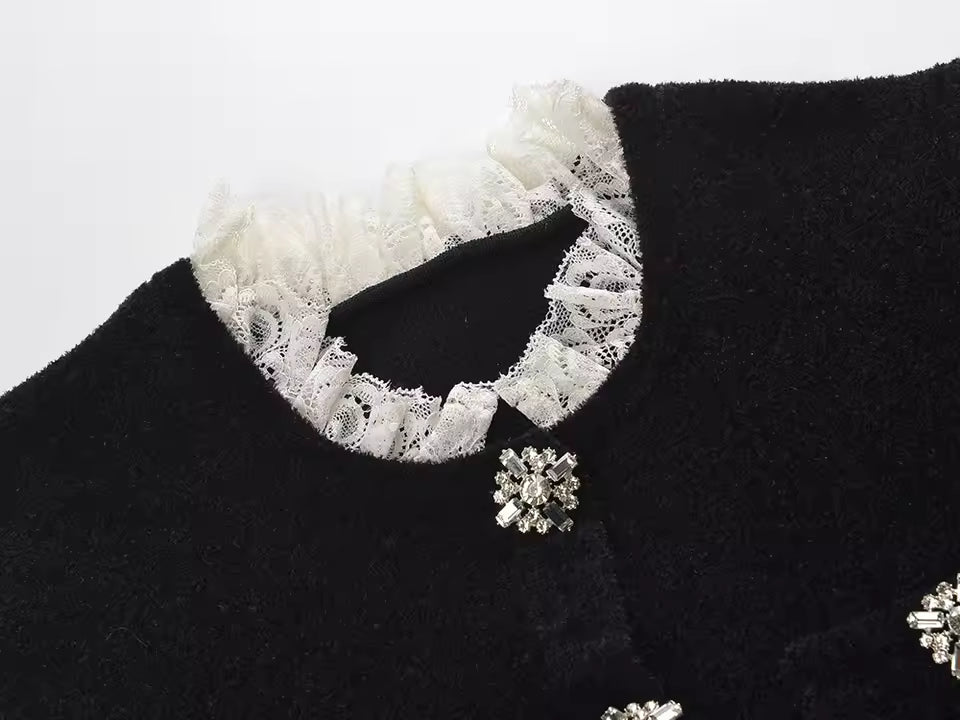 Vintage French Lace Patchwork O-Neck Short Sleeve Knit Cardigan with Belt