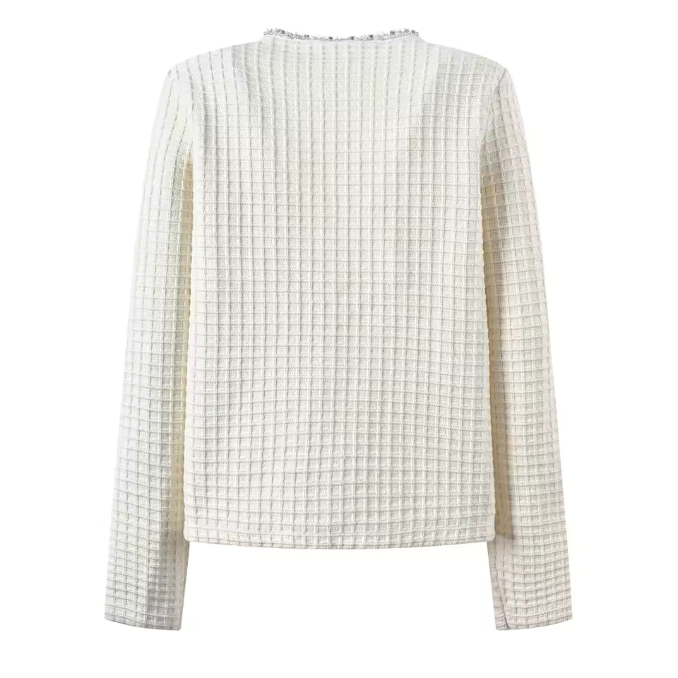 Rhinestone V-Neck Long Sleeve Single-Breasted Knit Cardigan