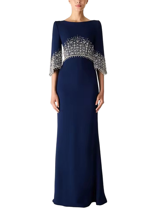 Slim Fit Patchwork Beaded Midi Dress with Half Sleeves